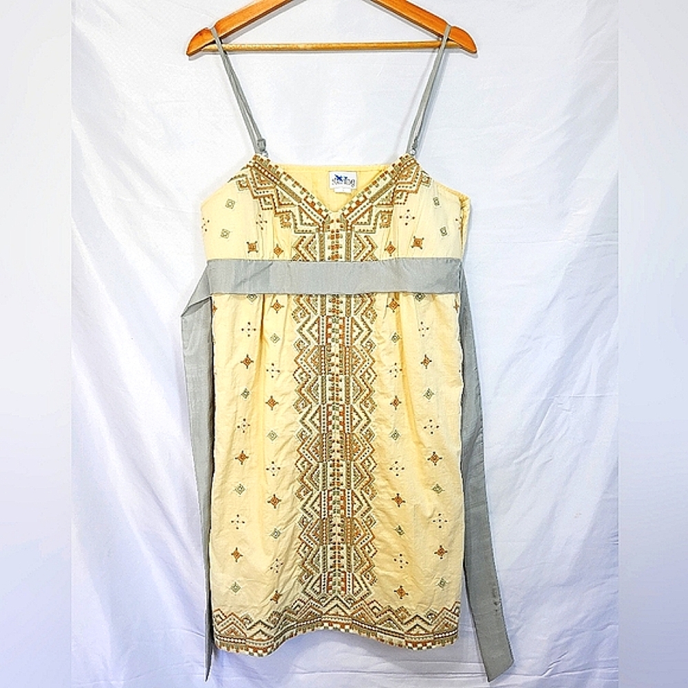 Cotton Babydoll Boho, Tribal Embroidered Spaghetti-Strap Sundress Dress